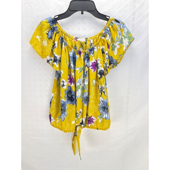 Sienna Sky Yellow Floral Peasant Blouse Tie Front Short Sleeve Women’s XS - Picture 3 of 7